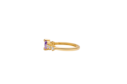 14KT Gold Ring Women's Purple Pear CZ Center 3 Round White CZ Stones Shoulders Plain Band