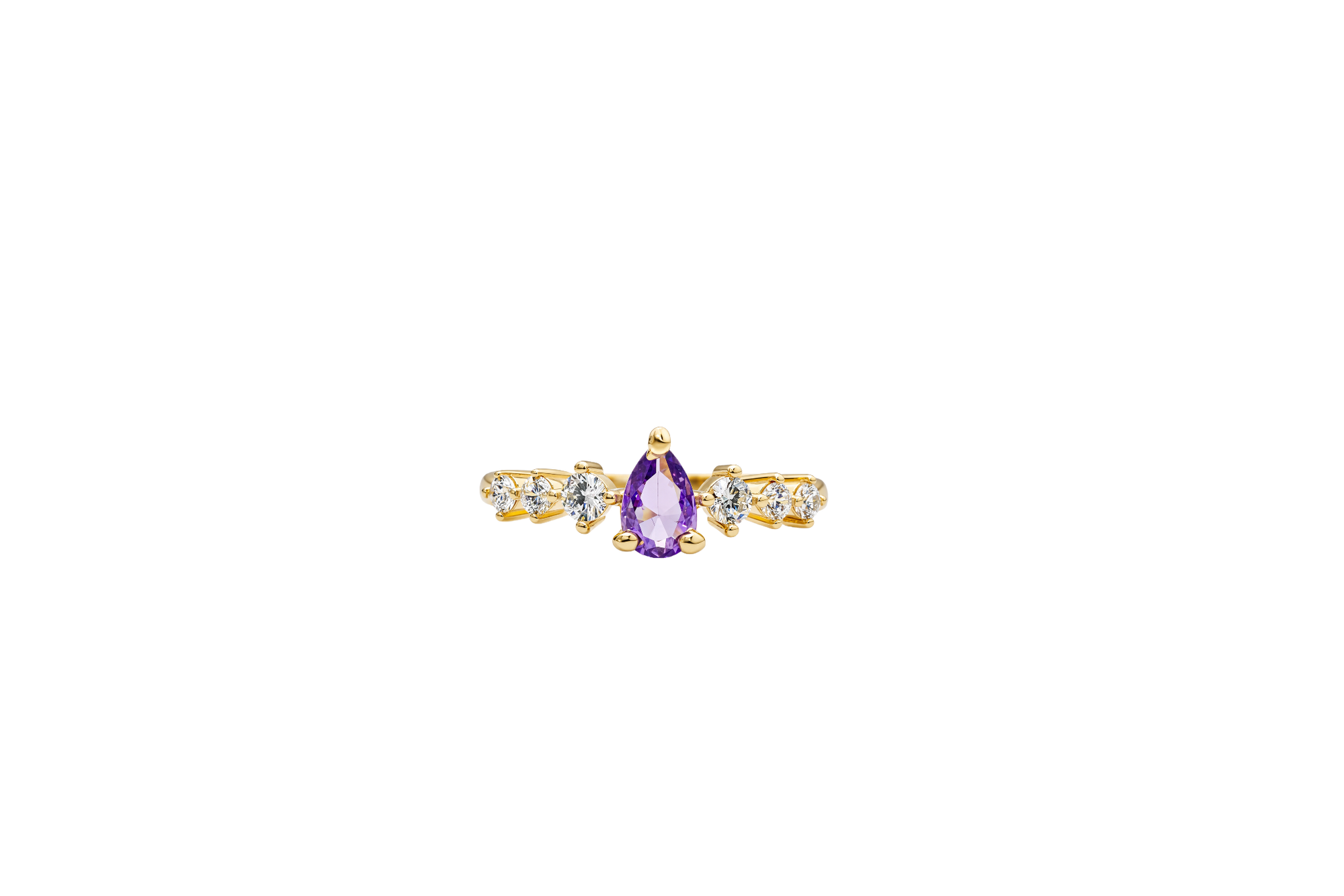 14KT Gold Ring Women's Purple Pear CZ Center 3 Round White CZ Stones Shoulders Plain Band
