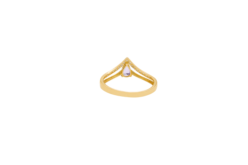 14KT Gold Ring Women's Purple Pear Center CZ Stone with Spit Chevron Upper White CZ Stone Band and Lower Plain Band