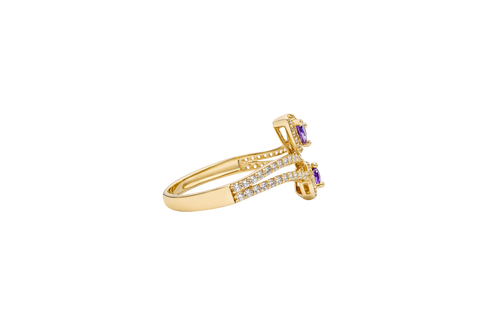 14KT Gold Ring Women's Two Purple Pear End Stones with White CZ Stones Border and White CZ Stones Split Bypass Band