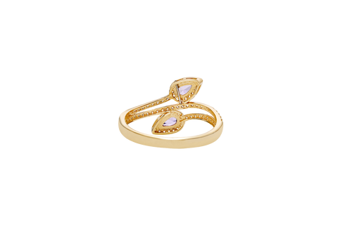14KT Gold Ring Women's Two Purple Pear End Stones with White CZ Stones Border and White CZ Stones Split Bypass Band