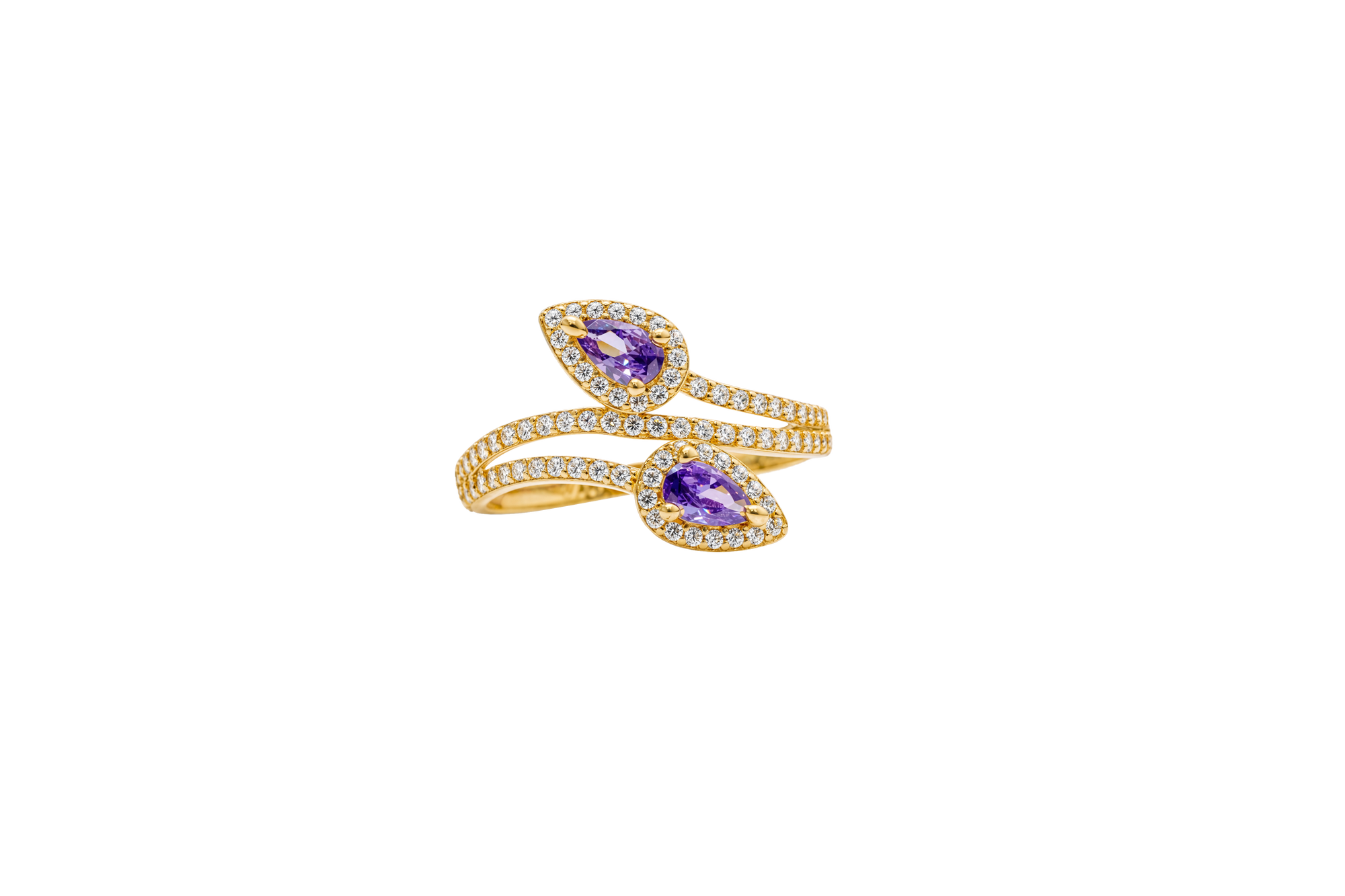 14KT Gold Ring Women's Two Purple Pear End Stones with White CZ Stones Border and White CZ Stones Split Bypass Band