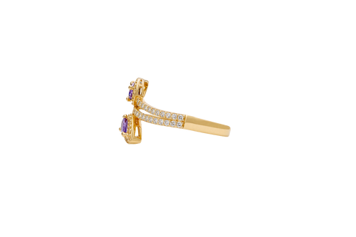 14KT Gold Ring Women's Two Purple Pear End Stones with White CZ Stones Border and White CZ Stones Split Bypass Band