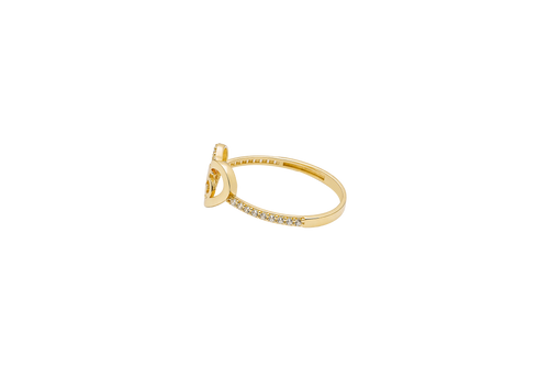 14KT Gold Ring Women's Quincenaera "15" Open Heart Shape Half Plain Half White CZ Stones Border and Band