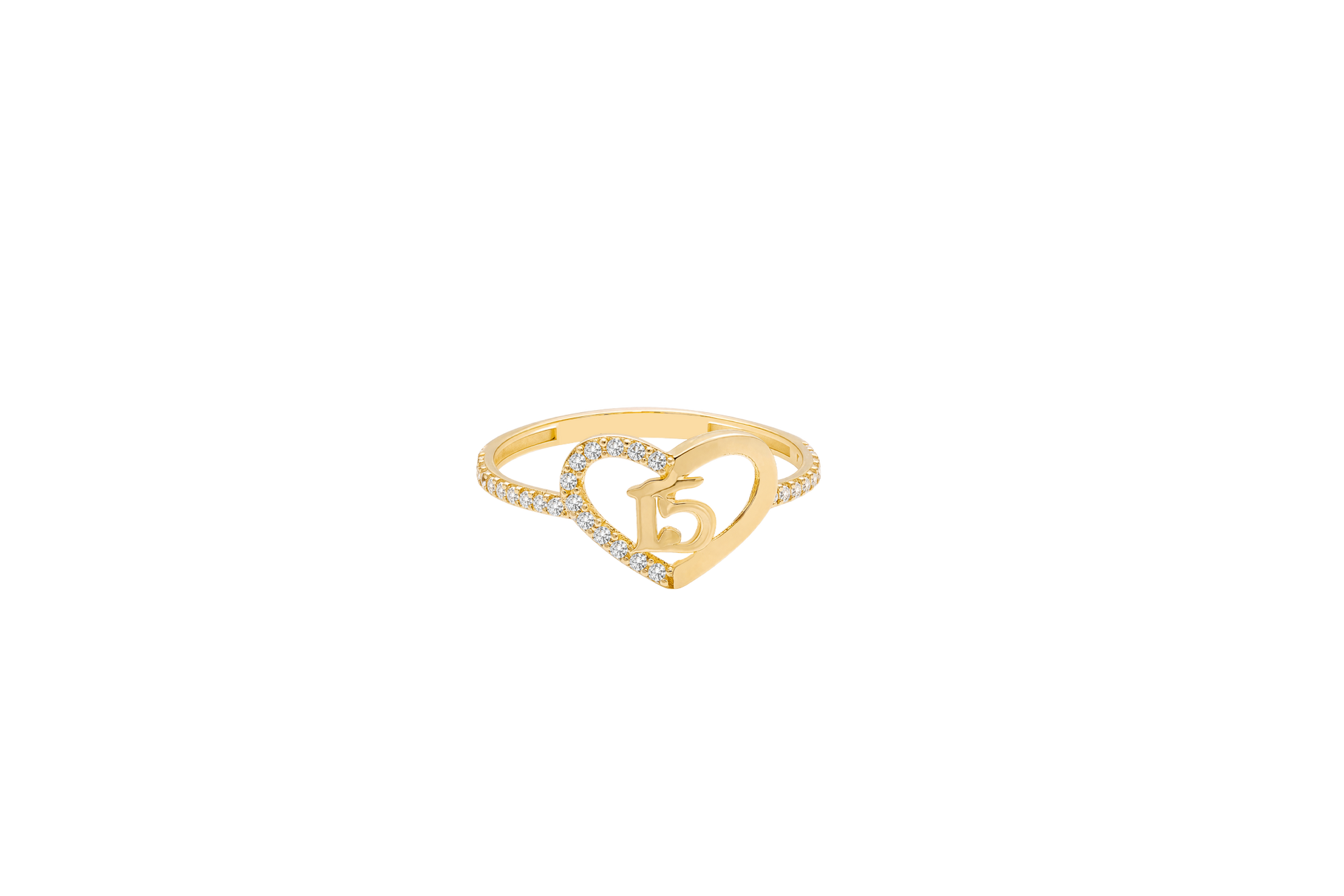 14KT Gold Ring Women's Quincenaera "15" Open Heart Shape Half Plain Half White CZ Stones Border and Band