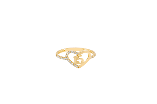 14KT Gold Ring Women's Quincenaera "15" Open Heart Shape Half Plain Half White CZ Stones Border and Band