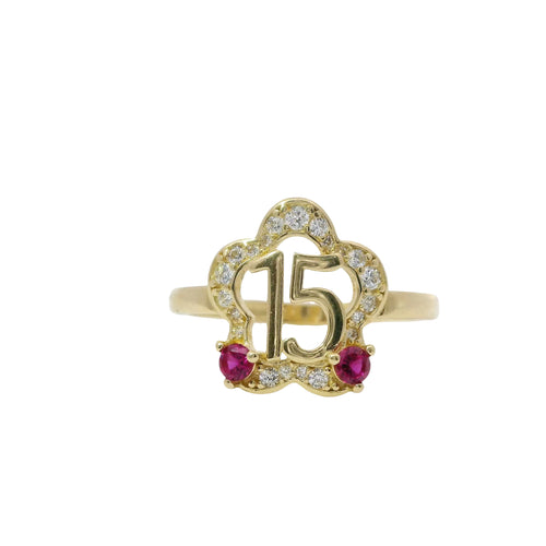 14KT Gold Ring Women's Quincenaera "15" Center Open Five Petal White CZ Stone Flower with Two Dark Pink Round CZ Stones Plain Band