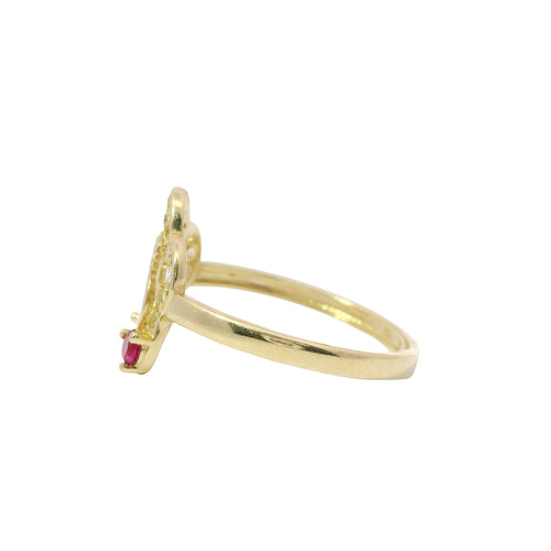 14KT Gold Ring Women's Quincenaera "15" Center Open Five Petal White CZ Stone Flower with Two Dark Pink Round CZ Stones Plain Band