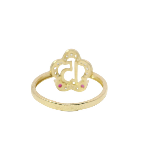 14KT Gold Ring Women's Quincenaera "15" Center Open Five Petal White CZ Stone Flower with Two Dark Pink Round CZ Stones Plain Band