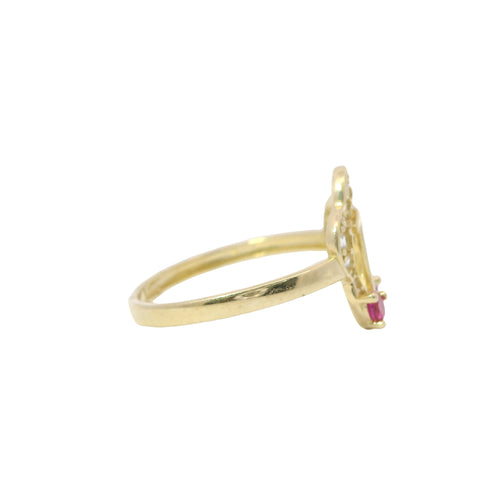 14KT Gold Ring Women's Quincenaera "15" Center Open Five Petal White CZ Stone Flower with Two Dark Pink Round CZ Stones Plain Band