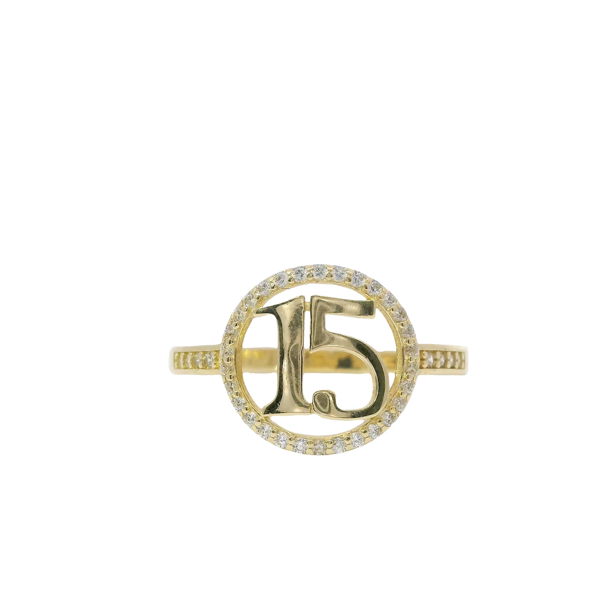 14KT Gold Ring Women's Quinceanera"15" Thin Open Round Center with White CZ Stone Band