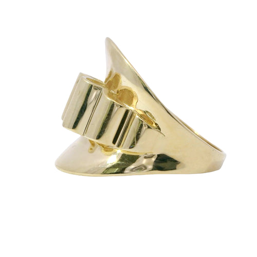 14KT Gold Ring Women's Raised Loop Center Ribbon Wide Plain Band