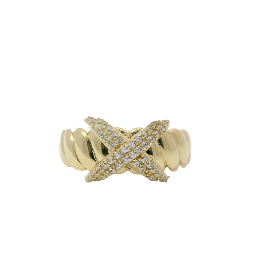 14KT Gold Ring Women's Raised White CZ Stones X Center and Plain Ribbed Band