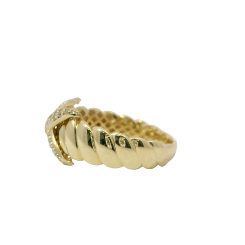 14KT Gold Ring Women's Raised White CZ Stones X Center and Plain Ribbed Band