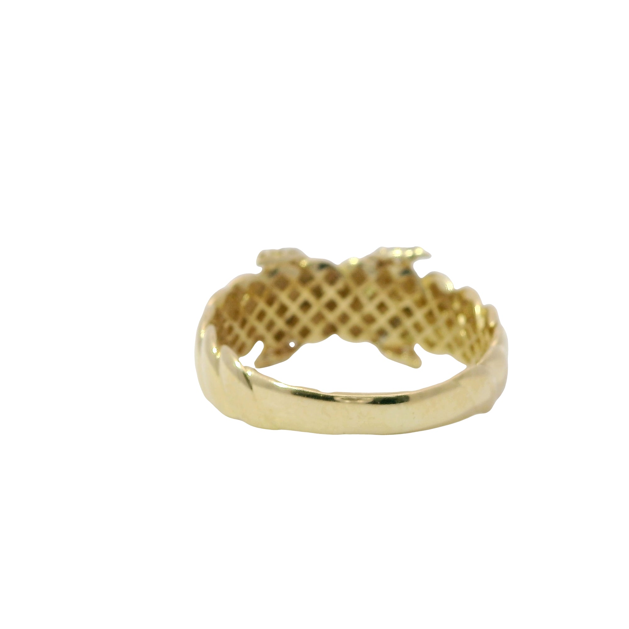 14KT Gold Ring Women's Raised White CZ Stones X Center and Plain Ribbed Band
