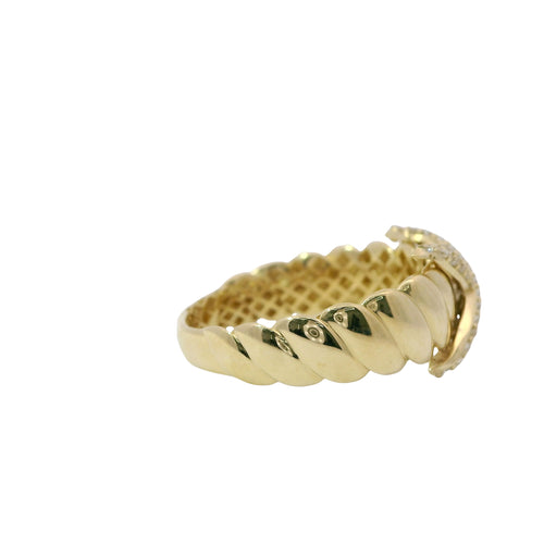 14KT Gold Ring Women's Raised White CZ Stones X Center and Plain Ribbed Band