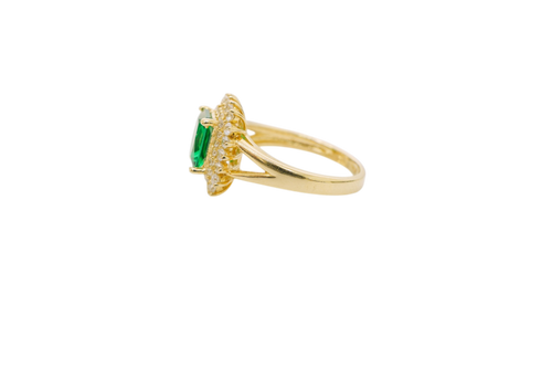 14KT Gold Ring Women's Rectangle Dark Green CZ Center with Round Double White CZ Stones Border and Plain Split Band
