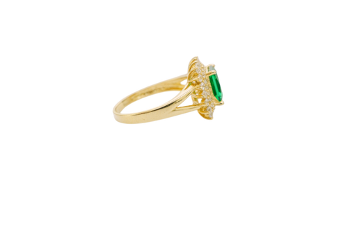 14KT Gold Ring Women's Rectangle Dark Green CZ Center with Round Double White CZ Stones Border and Plain Split Band