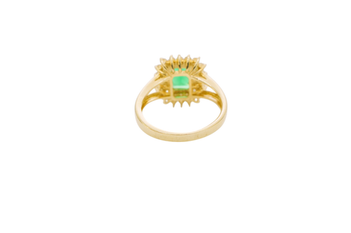 14KT Gold Ring Women's Rectangle Dark Green CZ Center with Round Double White CZ Stones Border and Plain Split Band