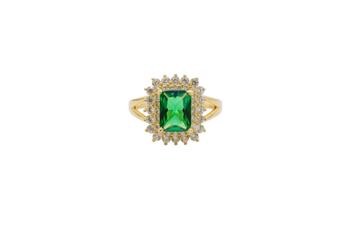 14KT Gold Ring Women's Rectangle Dark Green CZ Center with Round Double White CZ Stones Border and Plain Split Band