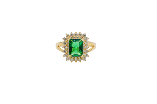 14KT Gold Ring Women's Rectangle Dark Green CZ Center with Round Double White CZ Stones Border and Plain Split Band