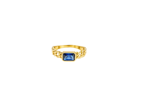 14KT Gold Ring Women's Rectangle Navy Blue Center CZ with Plain Border and Cuban Link Band