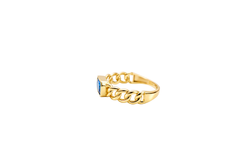 14KT Gold Ring Women's Rectangle Navy Blue Center CZ with Plain Border and Cuban Link Band