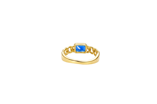 14KT Gold Ring Women's Rectangle Navy Blue Center CZ with Plain Border and Cuban Link Band