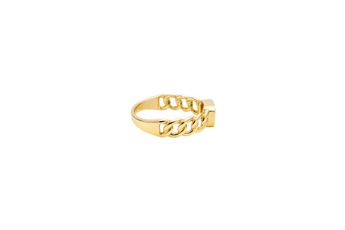 14KT Gold Ring Women's Rectangle Navy Blue Center CZ with Plain Border and Cuban Link Band