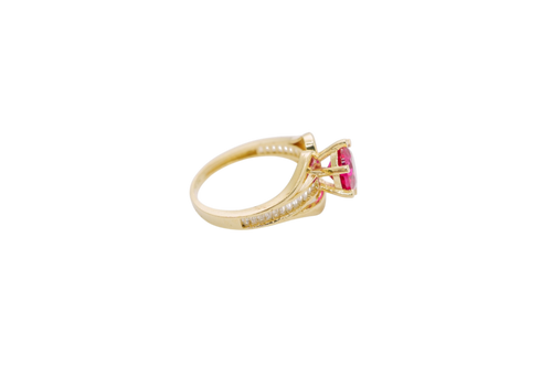 14KT Gold Ring Women's Red Round 6 Prong Center CZ with White Baguette CZ Band and Plain Lips Border