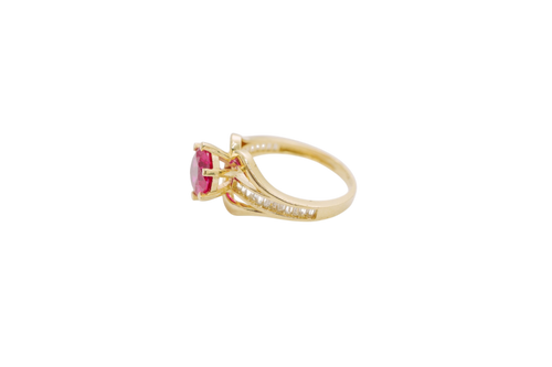 14KT Gold Ring Women's Red Round 6 Prong Center CZ with White Baguette CZ Band and Plain Lips Border