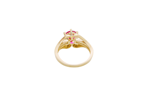 14KT Gold Ring Women's Red Round 6 Prong Center CZ with White Baguette CZ Band and Plain Lips Border