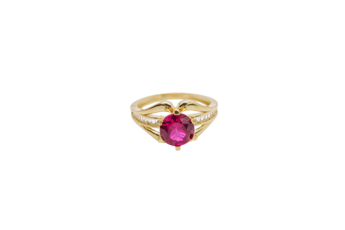 14KT Gold Ring Women's Red Round 6 Prong Center CZ with White Baguette CZ Band and Plain Lips Border
