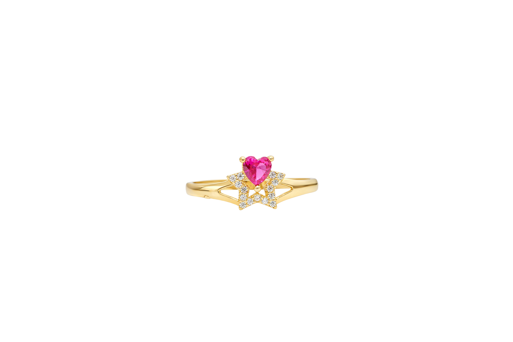14KT Gold Ring Women's Red CZ Top Stone with White CZ Stones Border Outline Only Star Shape Plain Split Band