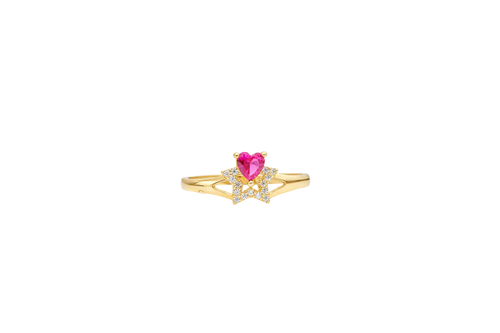 14KT Gold Ring Women's Red CZ Top Stone with White CZ Stones Border Outline Only Star Shape Plain Split Band