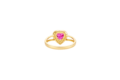 14KT Gold Ring Women's Red Heart Shape Center CZ Stone with White CZ Stone Border and Plain Heart Shape Outer Border Plain Split Band