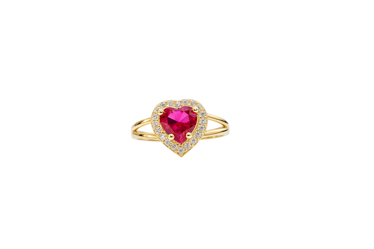 14KT Gold Ring Women's Red Heart Shape Center CZ Stone with White CZ Stone Border and Plain Heart Shape Outer Border Plain Split Band