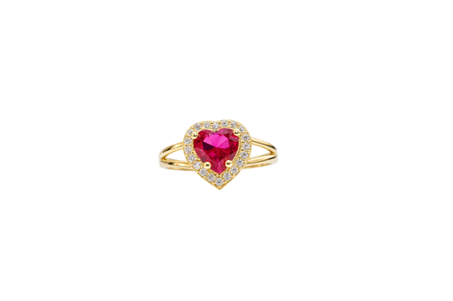 14KT Gold Ring Women's Red Heart Shape Center CZ Stone with White CZ Stone Border and Plain Heart Shape Outer Border Plain Split Band