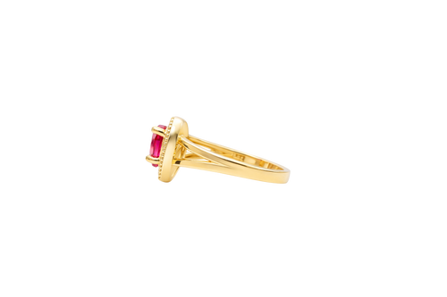 14KT Gold Ring Women's Red Heart Shape Center CZ Stone with White CZ Stone Border and Plain Heart Shape Outer Border Plain Split Band