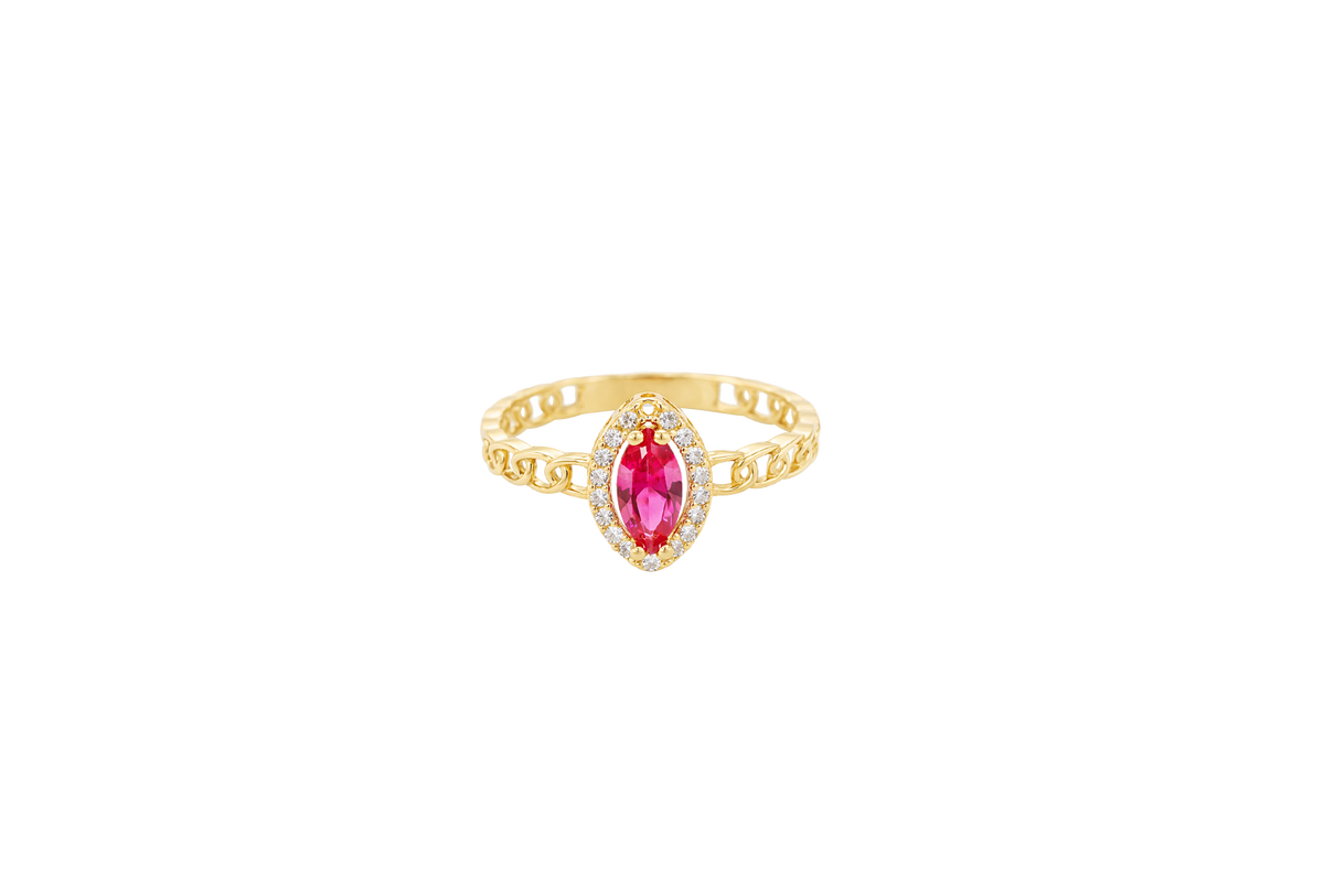 14KT Gold Ring Women's Marquise Red Center Stone with White CZ Stone Border Chino Band