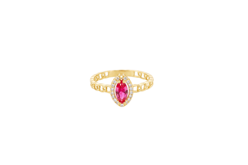 14KT Gold Ring Women's Marquise Red Center Stone with White CZ Stone Border Chino Band