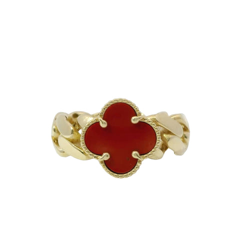 14KT Gold Ring Women's Mini Red Clover with Cuban Link Band