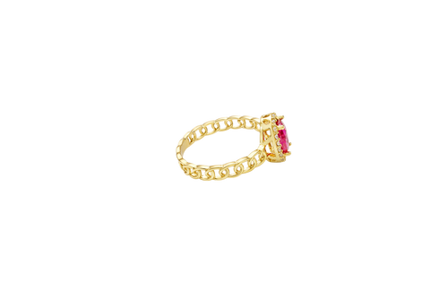 14KT Gold Ring Women's Oval Red Stone with White CZ Stone Border Chino Band