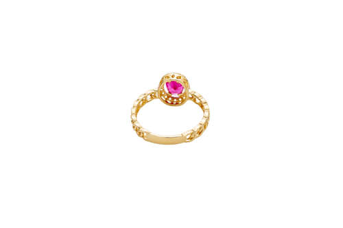 14KT Gold Ring Women's Oval Red Stone with White CZ Stone Border Chino Band