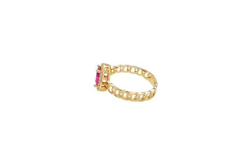 14KT Gold Ring Women's Oval Red Stone with White CZ Stone Border Chino Band
