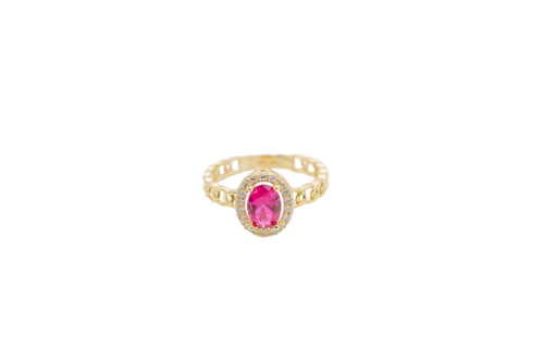14KT Gold Ring Women's Oval Red Stone with White CZ Stone Border Chino Band