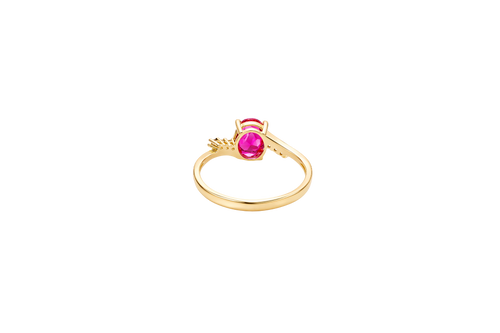 14KT Gold Ring Women's Red Oval Center CZ Stone with 3 High/Low Round White CZ Stones Shoulders and Plain Band