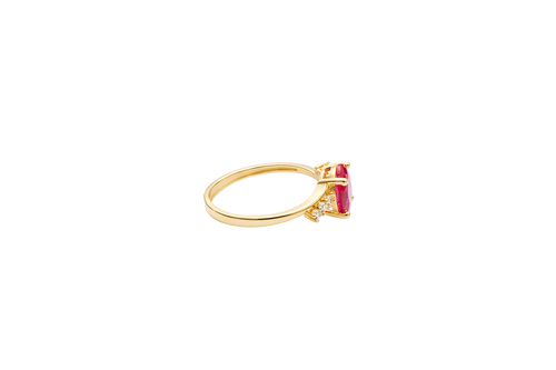 14KT Gold Ring Women's Red Oval Center CZ Stone with 3 High/Low Round White CZ Stones Shoulders and Plain Band