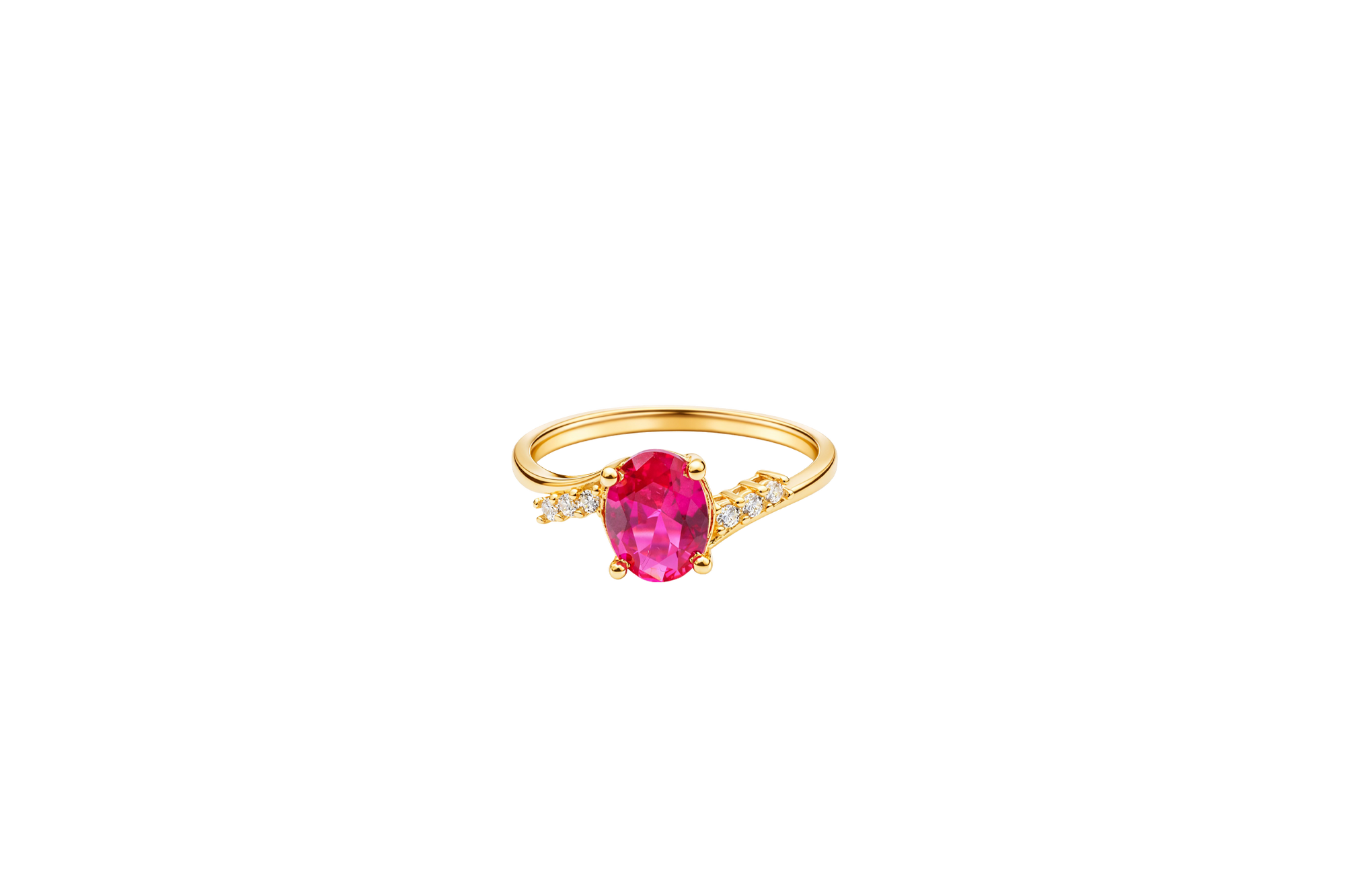 14KT Gold Ring Women's Red Oval Center CZ Stone with 3 High/Low Round White CZ Stones Shoulders and Plain Band