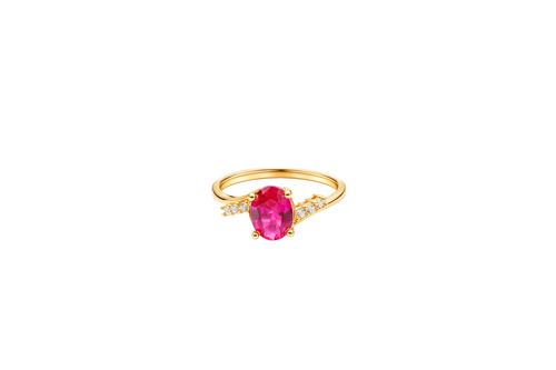14KT Gold Ring Women's Red Oval Center CZ Stone with 3 High/Low Round White CZ Stones Shoulders and Plain Band